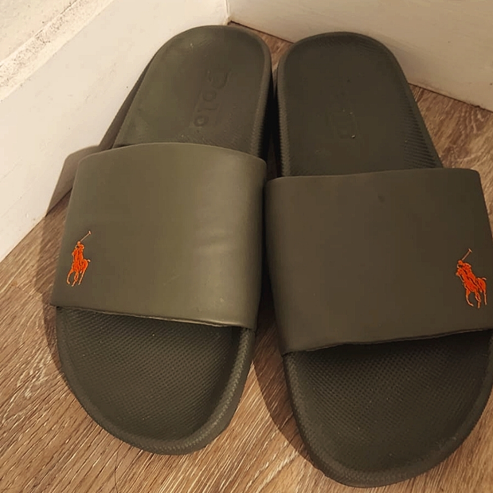 NWT POLO Ralph Lauren CAYSON SM PONY SLIDES Athletic Sandal OLIVE ORG Mens 9-12